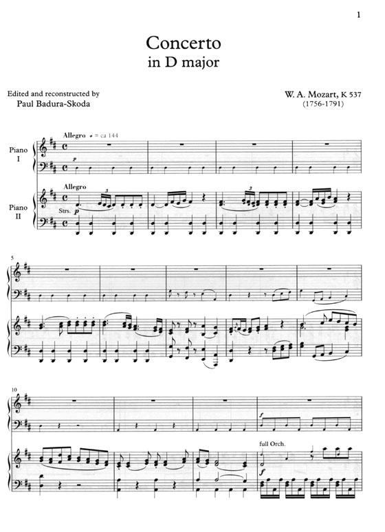 Mozart【Piano Concerto No. 26 , K. 537 , Coronation Concerto】for Piano and Orchestra ,Two Pianos / Four Hands