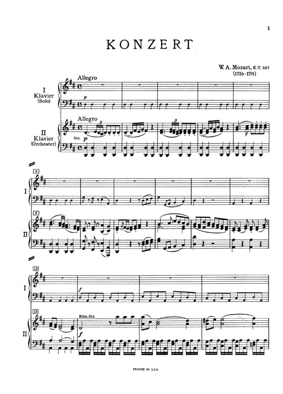 Mozart【Piano Concerto No. 26 , K. 537】for Two Pianos / Four Hands