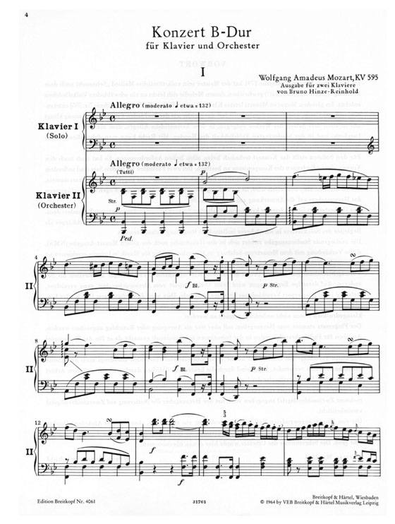 Mozart【Konzert Nr. 27 B-dur , KV595】für Klavier und Orchester