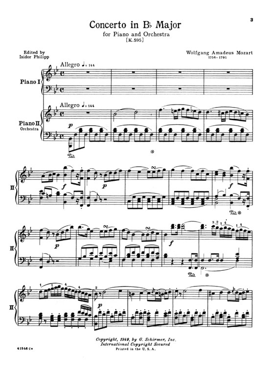 Mozart【Concerto No. 27 in B♭ major , K. 595】for the Piano , Two-Piano Score