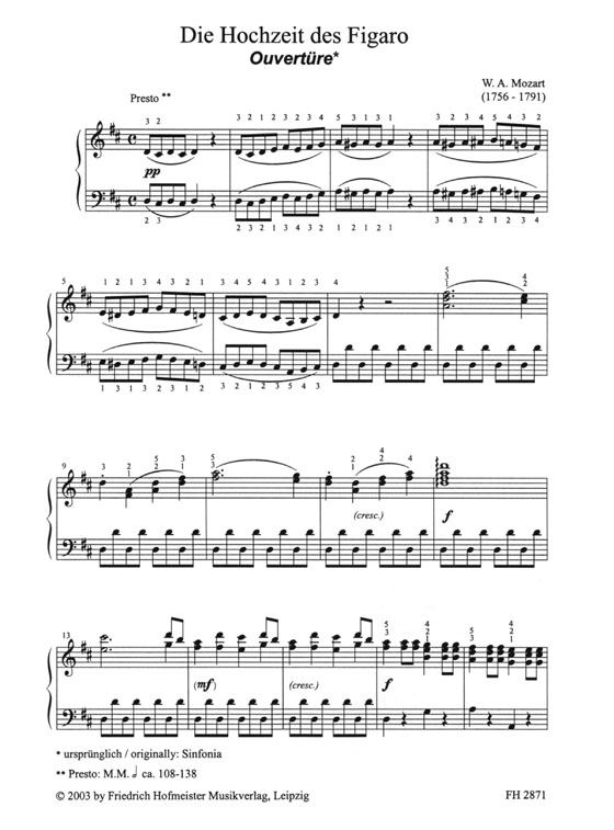 Mozart【Die Hochzeit des Figaro , Ouvertüre】für Klavier