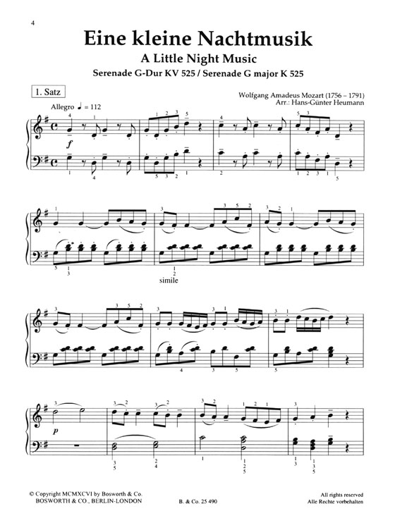 W.A.Mozart【Eine Kleine Nachtmusik G-dur , KV 525】Easy Arrangement For Piano