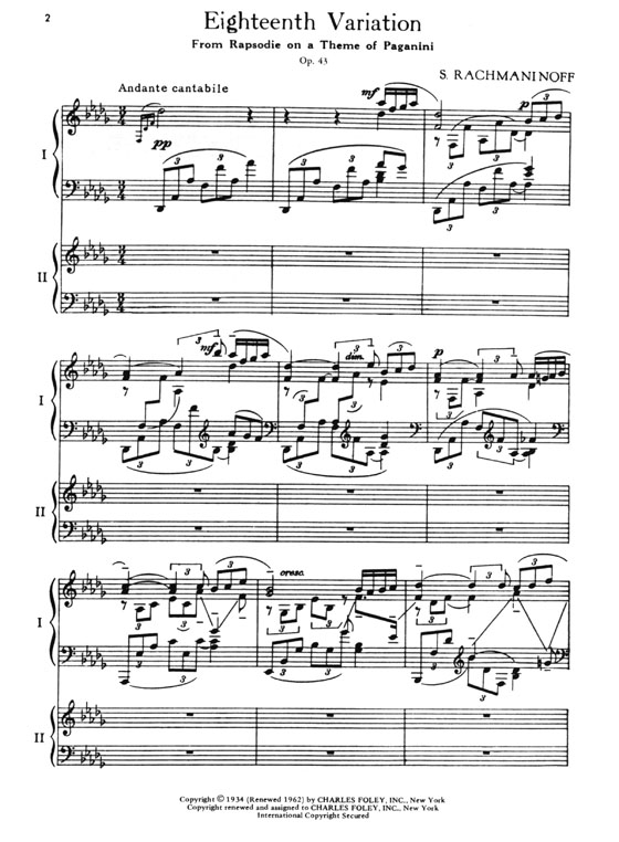Rachmaninoff【Eighteenth Variation from Rapsodie on a Theme of Paganini , Opus 43】Two Pianos / Four Hands
