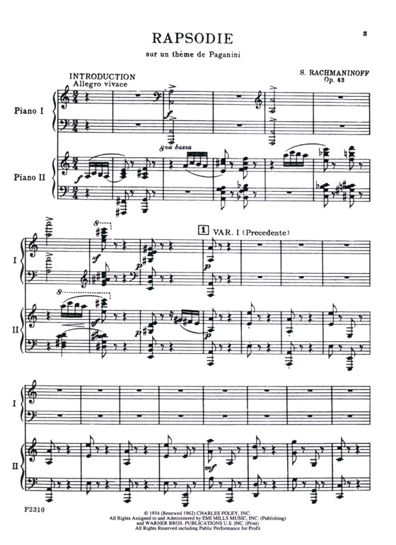 Rachmaninoff【Rhapsody on a Theme by Paganini , Opus 43】Reduction by the Composer Two Pianos , Four Hands(Advanced)