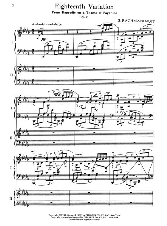 Rachmaninoff【Eighteenth Variation from Rapsodie on a Theme of Paganini , Opus 43】Two Pianos / Four Hands