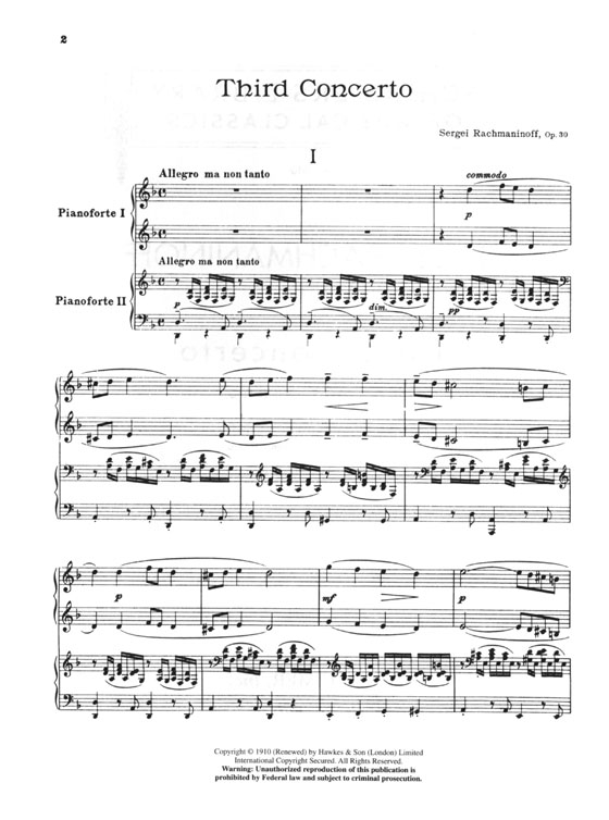Rachmaninoff【Third Concerto , Op. 30】for The Piano , Two Piano Score