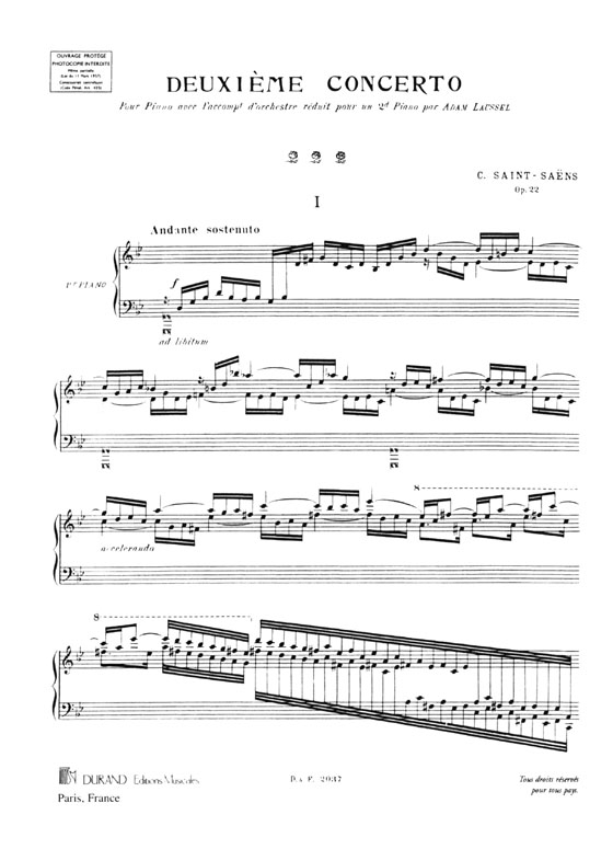Saint-Saens【Deuxieme Concerto , Opus 22】Pour Piano Et Orchestre , avec reduction de L'orchestre Pour un Second Piano