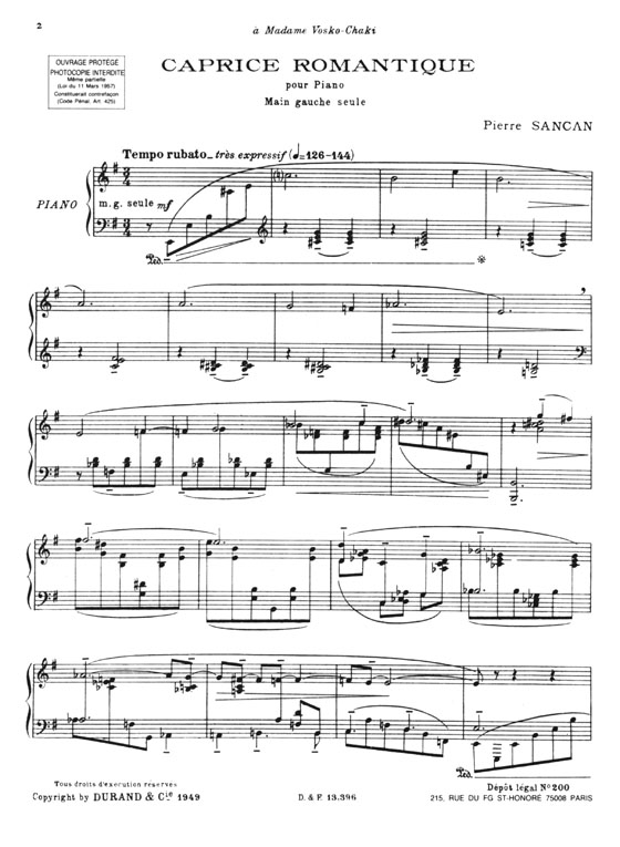 Pierre Sancan【Caprice Romantique】Pour Piano (main gauche seule)