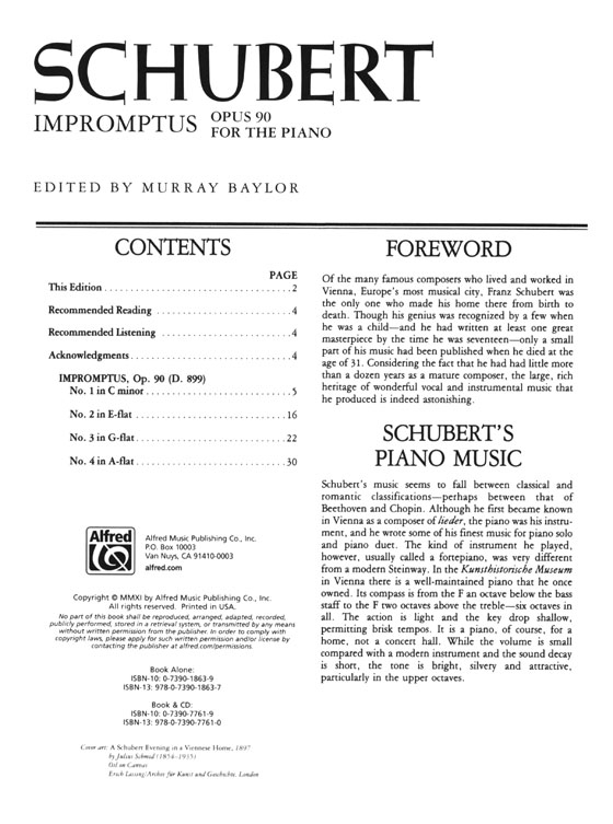 Schubert【CD+樂譜】Impromptus , Opus 90 for The Piano