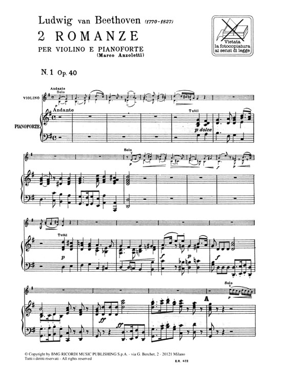 Beethoven【2  Romanze , Op. 40 e Op. 50】per Violino e Pianoforte