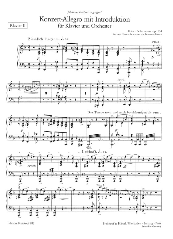 Schumann【Konzert-Allegro mit Introduktion d-moll , Op. 134】für Klavier und Orchester , Ausgabe für zwei Klaviere