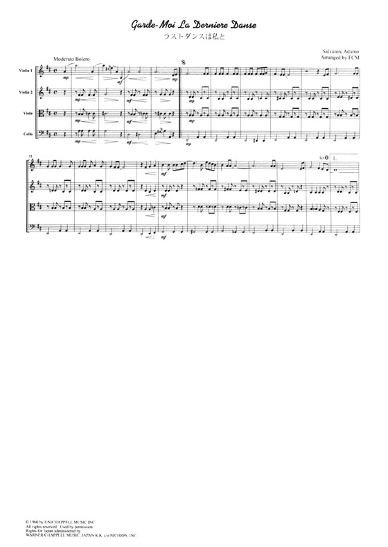 Chanson【Garde-Moi La Derniere Danse / ラストダンスは私と】for String Quartet Chanson【Garde-Moi La Derniere Danse / ラストダンスは私と】for String Quartet