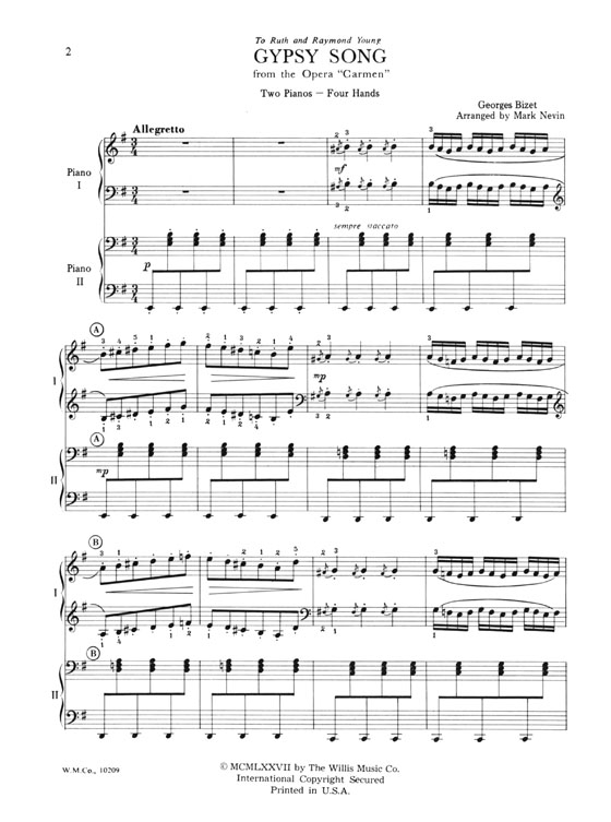 Bizet【Gypsy Song－From The Opera Carmen】Arranged for Two Pianos , Four Hands