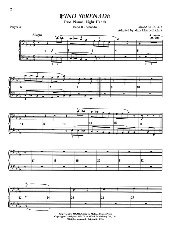 Mozart【Wind Serenade】Arr. Clark , Intermediate Piano Ensemble (2 Pianos , 8 Hands)
