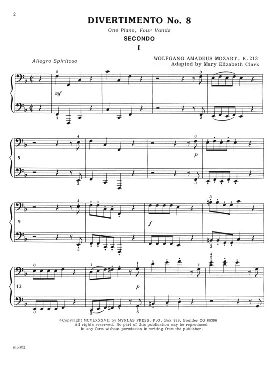 Mozart【Divertimento No. 8 , K. 213】for One Piano , Four Hands