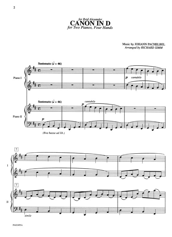 Pachelbel【Canon in D】for Two Pianos , Four Hands (Late Intermediate)