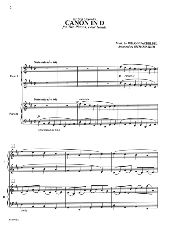 Pachelbel【Canon in D】for Two Pianos , Four Hands (Late Intermediate)