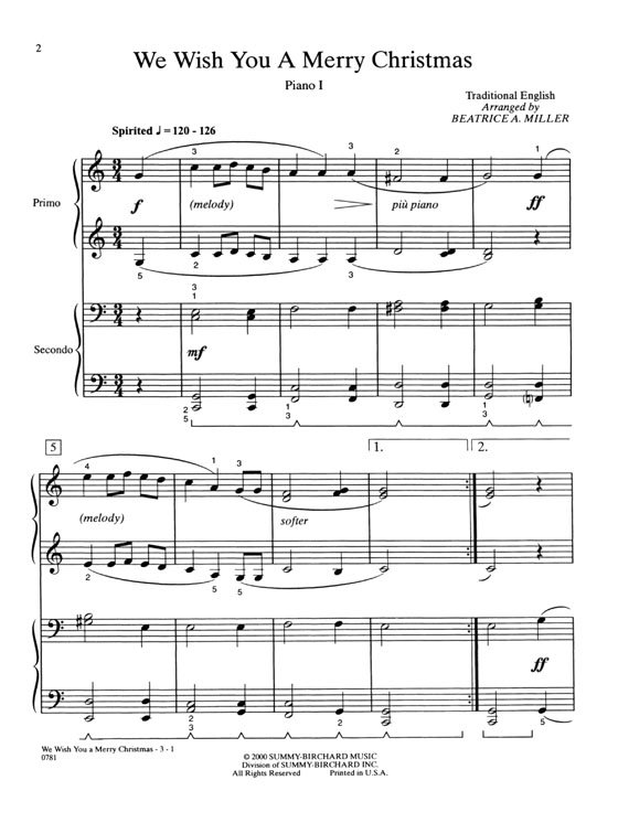 【We Wish You a Merry Christmas】for 2 Pianos , 8 Hands- Elementary