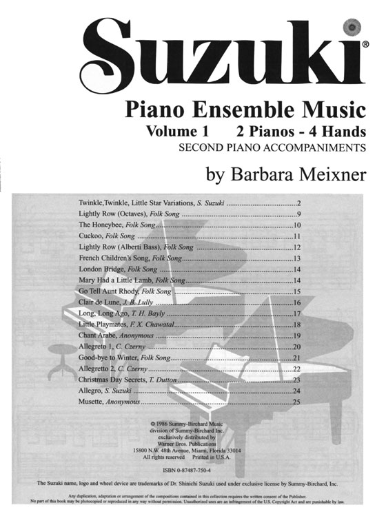 Suzuki【Piano Ensemble Music】Volume 1 , 2 Pianos - 4 Hands , Second Piano Accompaniments