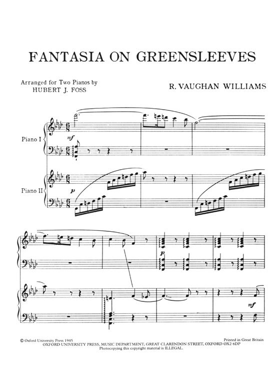 R. Vaughan Williams【Fantasia On Greensleeves－Adapted From The Opera Sir John In Love】for Two Pianos