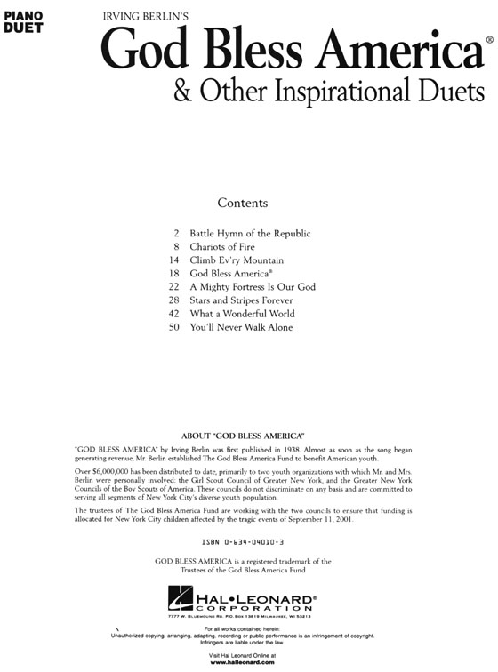 【God Bless America & Other Inspirational Duets】Piano Duets