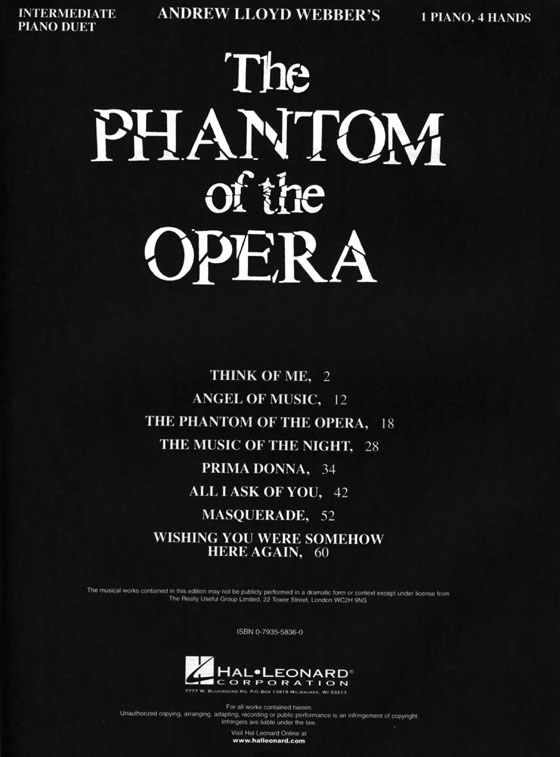 Andrew Lloyd Webber【The Phantom Of The Opera】Intermediate Piano Duet