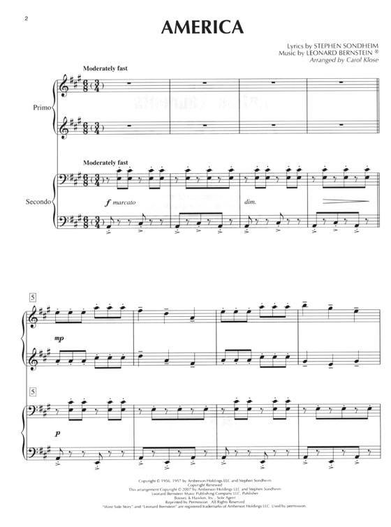 Selections From【West Side Story】for Piano Duet (1 Piano , 4 Hands)