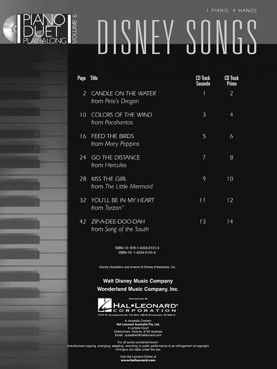 Disney Songs【CD+樂譜】Piano Duet Play-Along Volume 6