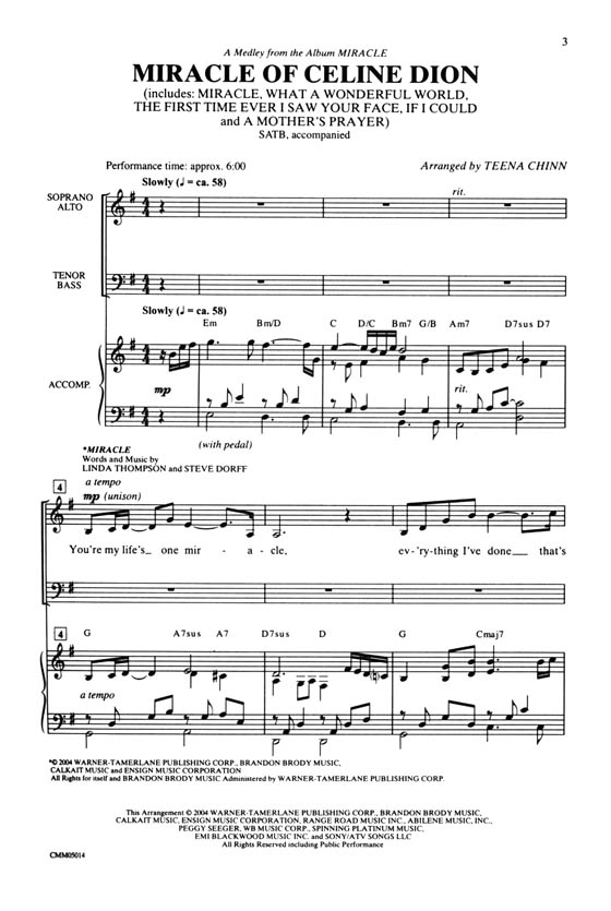 Miracle Of Celine Dion (A Medley from the Album Miracle)  SATB