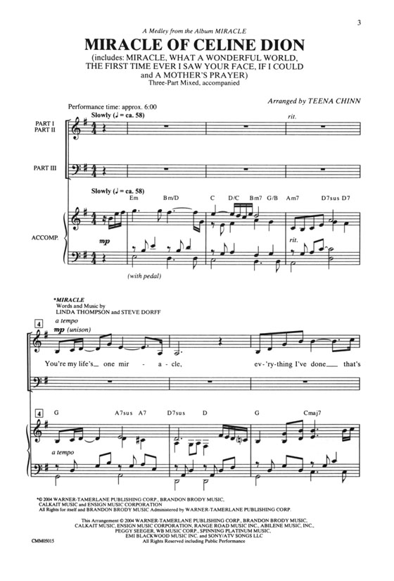 Miracle Of Celine Dion (A Medley from the Album Miracle) Three-Part Mixed Miracle Of Celine Dion (A Medley from the Album Miracle) Three-Part Mixed