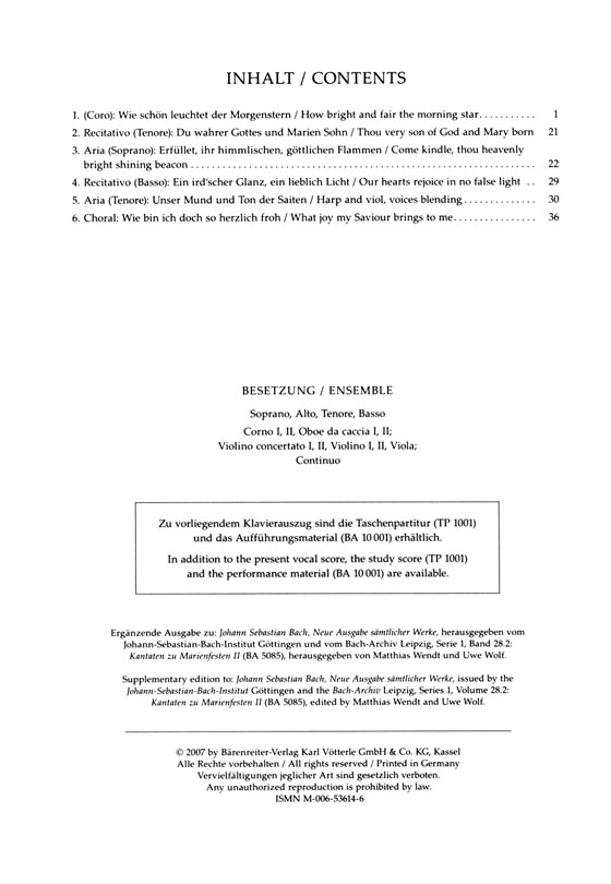 J.S. Bach【How Bright And Fair The Morning Star－Cantata For The Feast Of Annunciation Day , BWV 1】Klavierauszug ,Vocal Score