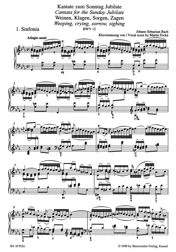 J.S. Bach【Weinen, Klagen, Sorgen, Zagen , Kantate zum Sonntag Jubilate , BWV 12 】Klavierauszug ,Vocal Score J.S. Bach【Weinen, Klagen, Sorgen, Zagen , Kantate zum Sonntag Jubilate , BWV 12 】Klavierauszug ,Vocal Score