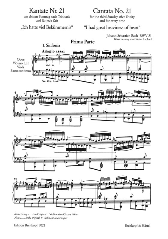 J.S. Bach【Kantate Nr. 21－Ich Hatte viel Bekümmernis, BWV 21】Klavierauszug
