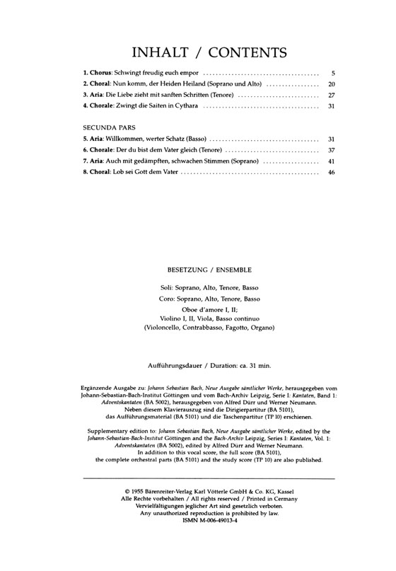 J.S. Bach【Schwingt Freudig Euch Empor－Kantate zum 1. Advent, BWV 36】Klavierauszug ,Vocal Score