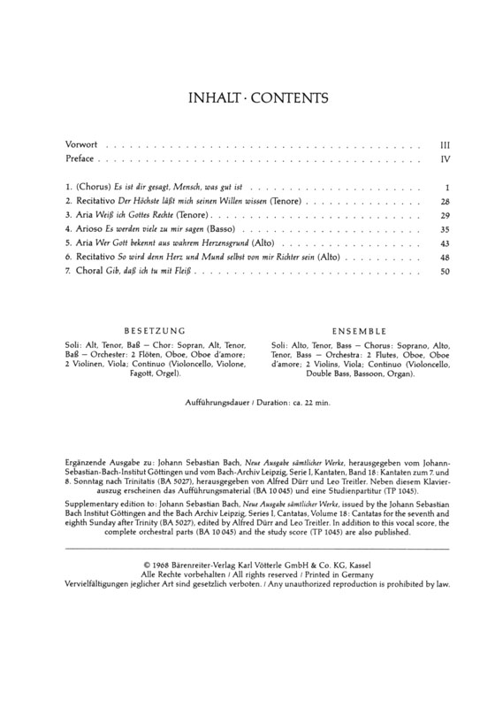 J.S. Bach【Es Ist Dir Gesagt, Mensch, Was Gut Ist－Kantate zum 8. Sonntag nach Trinitatis, BWV45 】Klavierauszug ,Vocal Score