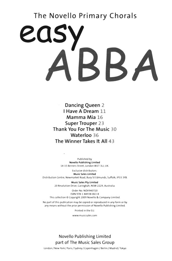 The Novello Primary Chorals : Easy ABBA【CD+樂譜】An Enjoyable Introduction To Ensemble Singing The Novello Primary Chorals : Easy ABBA【CD+樂譜】An Enjoyable Introduction To Ensemble Singing