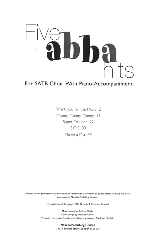 The Novello Youth Chorals【Five ABBA Hits】For SATB Choir With Piano Accompaniment