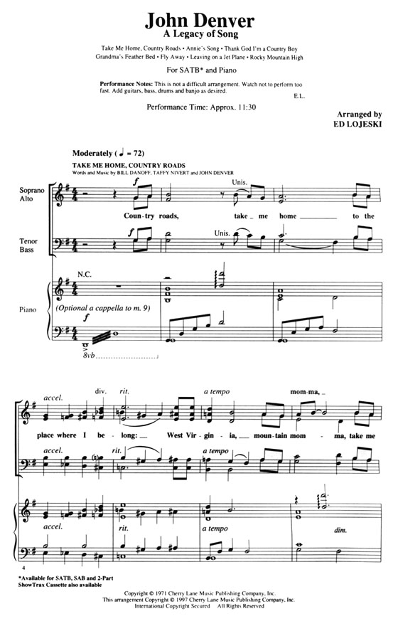 John Denver【A Legacy of Song (Medley)】SATB John Denver【A Legacy of Song (Medley)】SATB