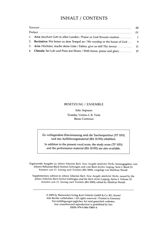 J.S. Bach【Praise ye God thruout creation , BWV51－Cantata for the 15th Sunday after Trinity】Klavierauszug ,Vocal Score
