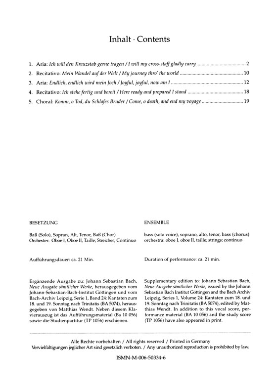 J.S. Bach【Ich will den Kreuzstab gerne tragen-Kantate zum 19. Sonntag nach Trinitatis, BWV 56】Vocal Score J.S. Bach【Ich will den Kreuzstab gerne tragen-Kantate zum 19. Sonntag nach Trinitatis, BWV 56】Vocal Score
