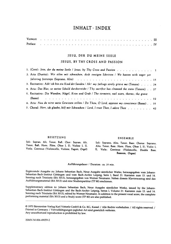 J.S. Bach【Jesu, by Thy Cross and Passion－Cantata for 14. Sunday After Trinity , BWV 78】Klavierauszug ,Vocal Score