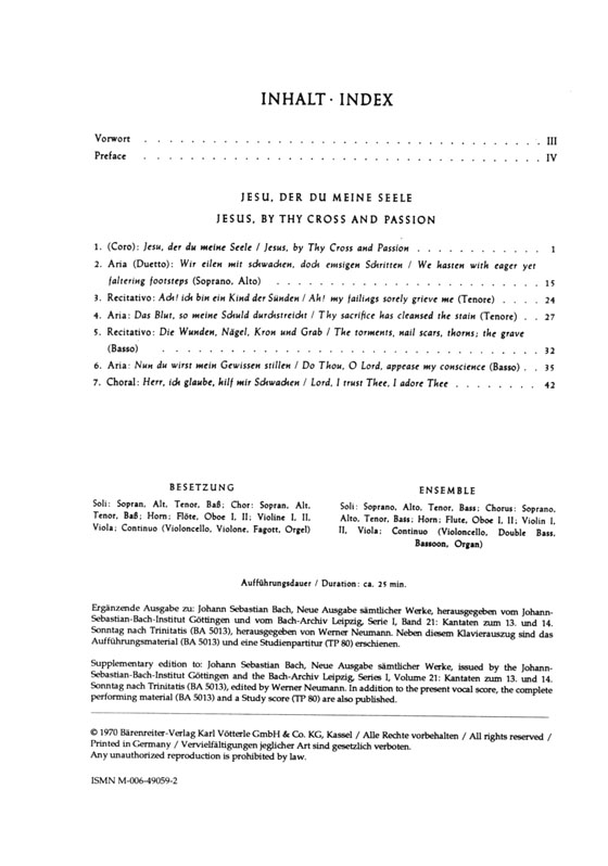 J.S. Bach【Jesu, by Thy Cross and Passion－Cantata for 14. Sunday After Trinity , BWV 78】Klavierauszug ,Vocal Score