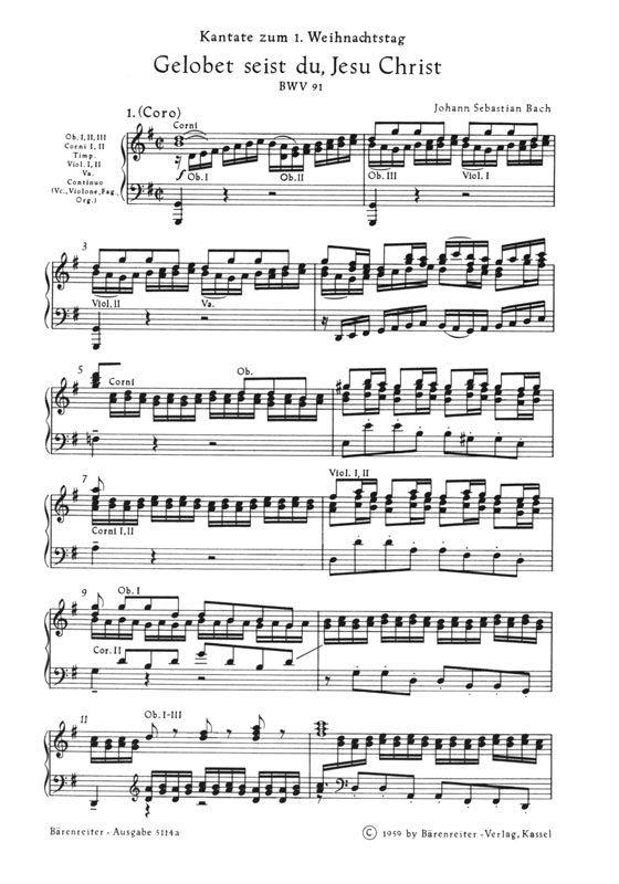 J.S. Bach【Gelobet Seist Du, Jesu Christ－Kantate Zum 1. Weihnachtstag , BWV 91】Klavierauszug ,Vocal Score
