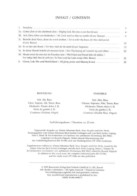 J.S. Bach【Gottes Zeit Ist Die Allerbeste Zeit-Actus Tragicus , BWV 106】Klavierauszug ,Vocal Score J.S. Bach【Gottes Zeit Ist Die Allerbeste Zeit-Actus Tragicus , BWV 106】Klavierauszug ,Vocal Score