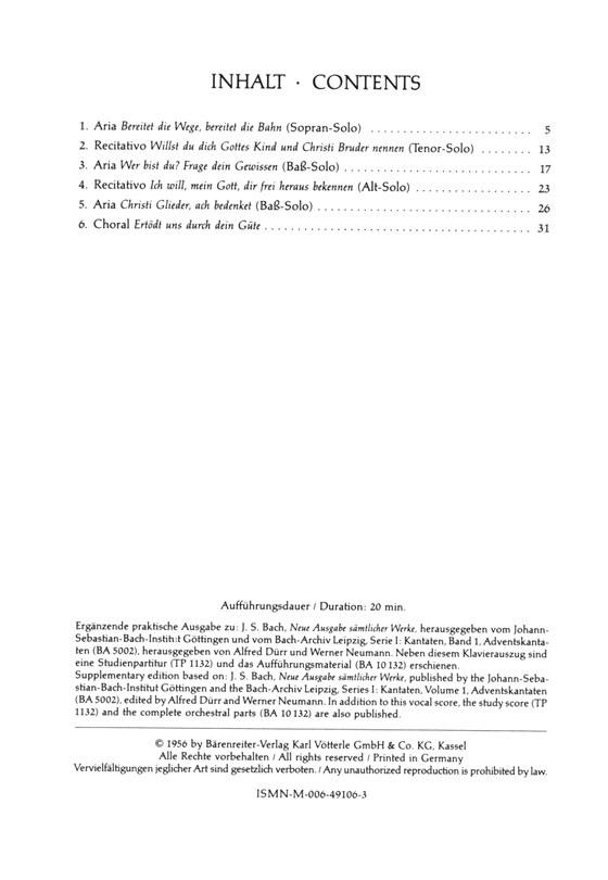 J. S. Bach【Bereitet Die Wage, Bereitet Die Bahn－Kantate Zum 4. Advent , BWV 132】Klavierauszug ,Vocal Score