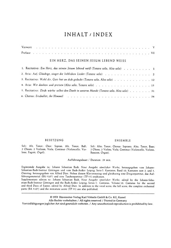 J.S. Bach【Ein Herz, Das Seinen Jesum Lebend WeiB－Kantate Zum 3. Ostertag , BWV 134】Klavierauszug ,Vocal Score