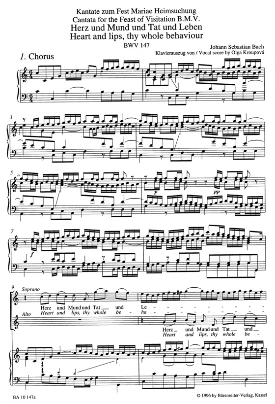 J.S. Bach【Herz Und Mund Und Tat Und Leben－Kantate Zum Fest Mariae Heimsuchung , BWV 147】Klavierauszug ,Vocal Score