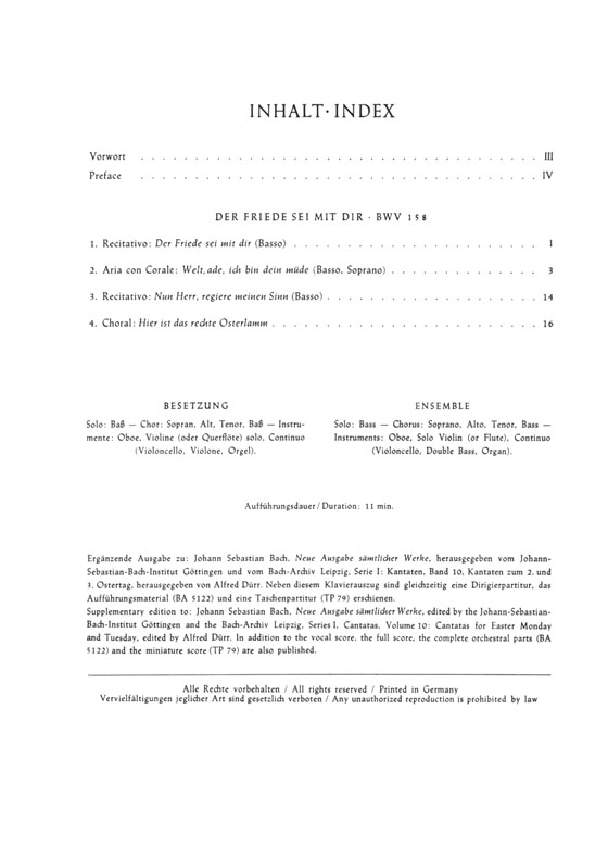 J.S. Bach【Der Friede Sei Mit Dir－Kantate Zum 3. Ostertag , BWV 158】Klavierauszug ,Vocal Score