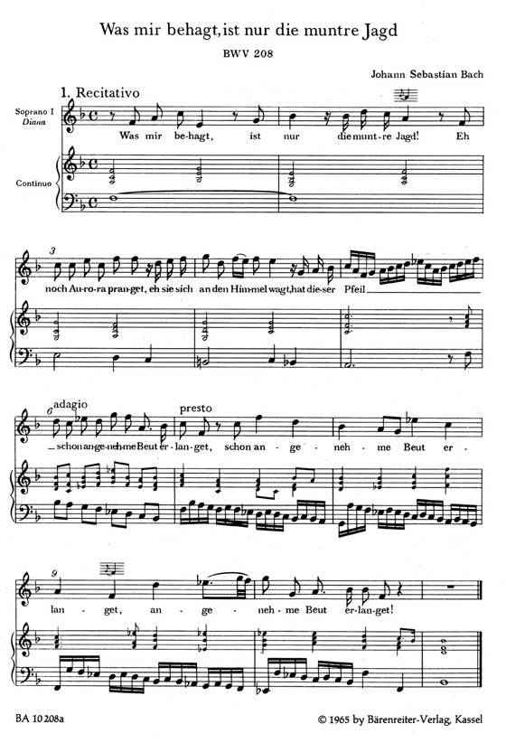 J.S. Bach【Was Mir Behagt, Ist Nur Die Muntre Jagd －Glückwunschkantate , BWV 208】Klavierauszug ,Vocal Score