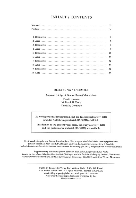 J.S. Bach【Schweigt Stille, Plaudert Nicht-Kaffee-Kantate , BWV 211】Klavierauszug ,Vocal Score J.S. Bach【Schweigt Stille, Plaudert Nicht-Kaffee-Kantate , BWV 211】Klavierauszug ,Vocal Score